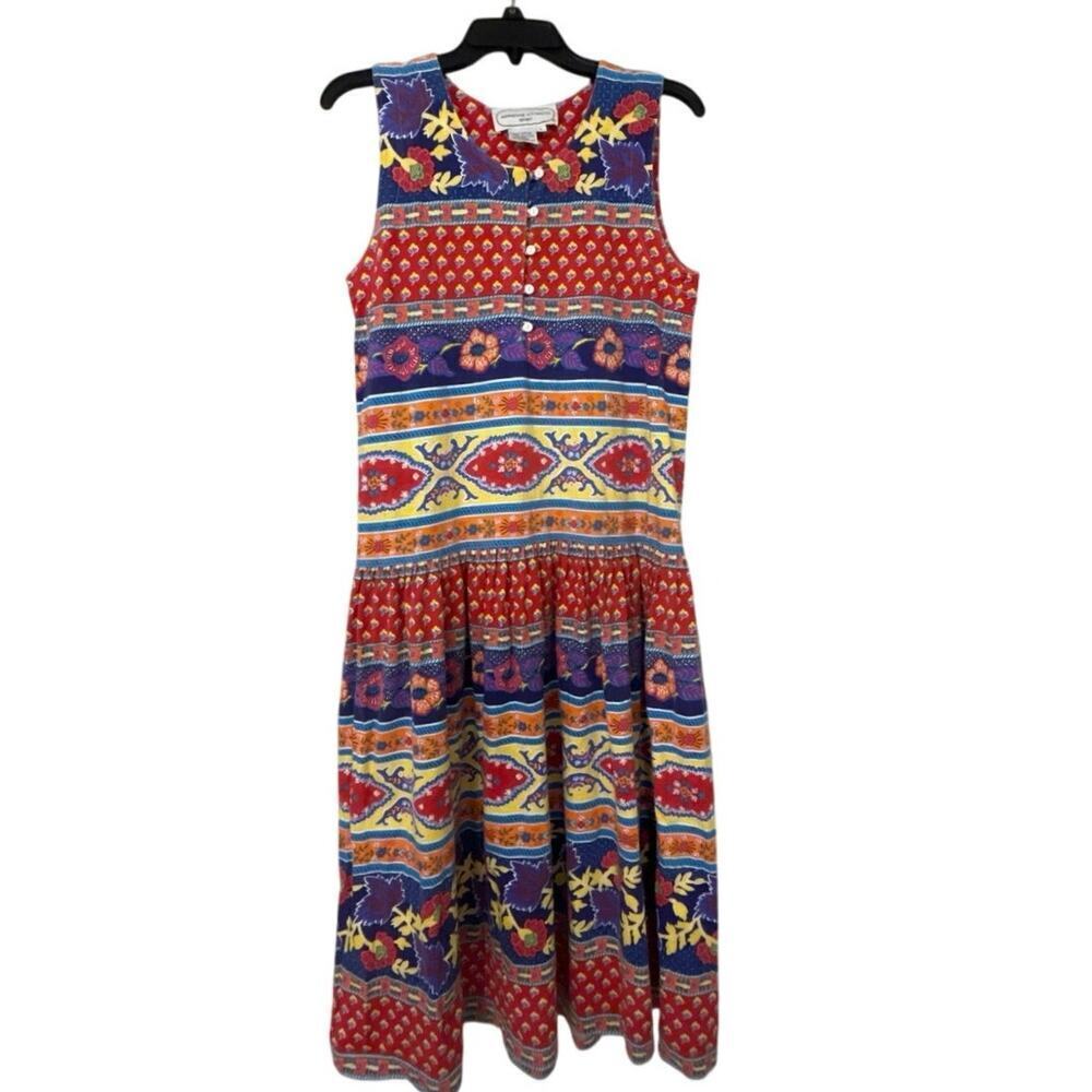 Vintage Adrienne Vittadini Sport Stretch Cotton Multi Color Mixed Print Dress L
